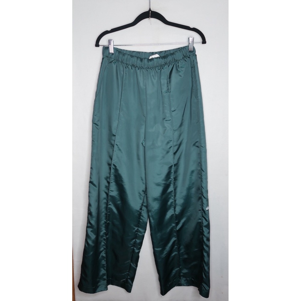 Alo Yoga Afterglow Wide Leg Pants Womens S Green Satin Shiny Pull On Track Pants